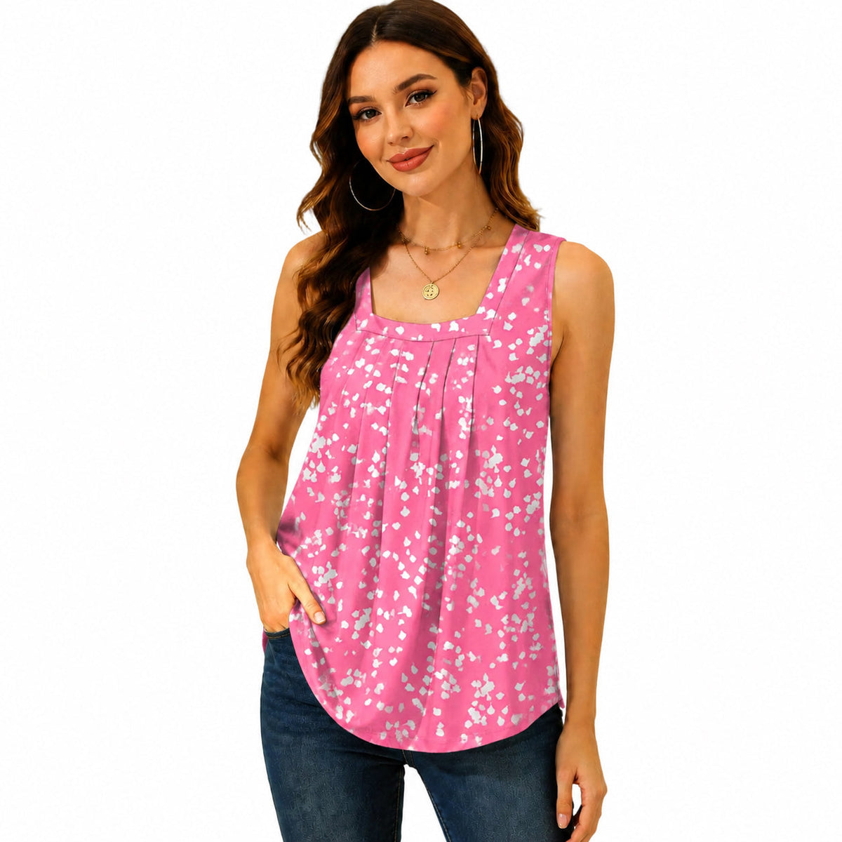 LunaFit – Lightweight Sleeveless Summer Tank Top – Irregular White Dots / Large / US 14-16