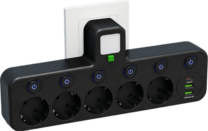FusionPlug - Smart Energy Station – Black / 5 power outlets + 2 USB ports + 1 Type-C port / Power outlet (without desktop cable organizer)