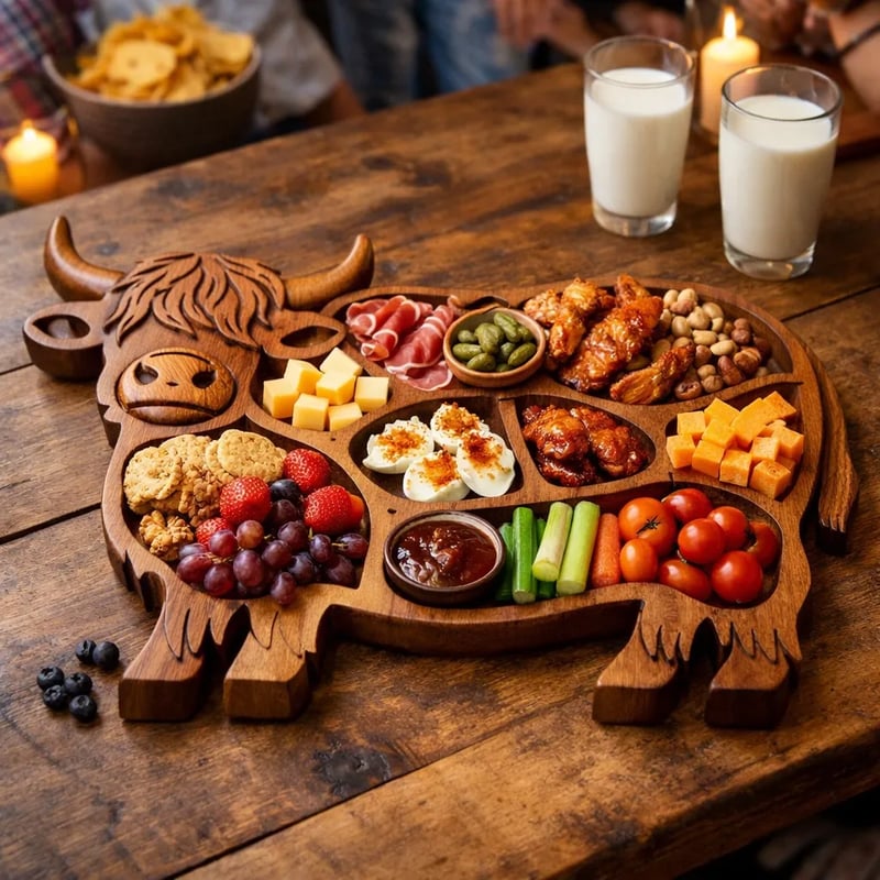 RusticGraze – Highland Cow Wooden Charcuterie Board – B