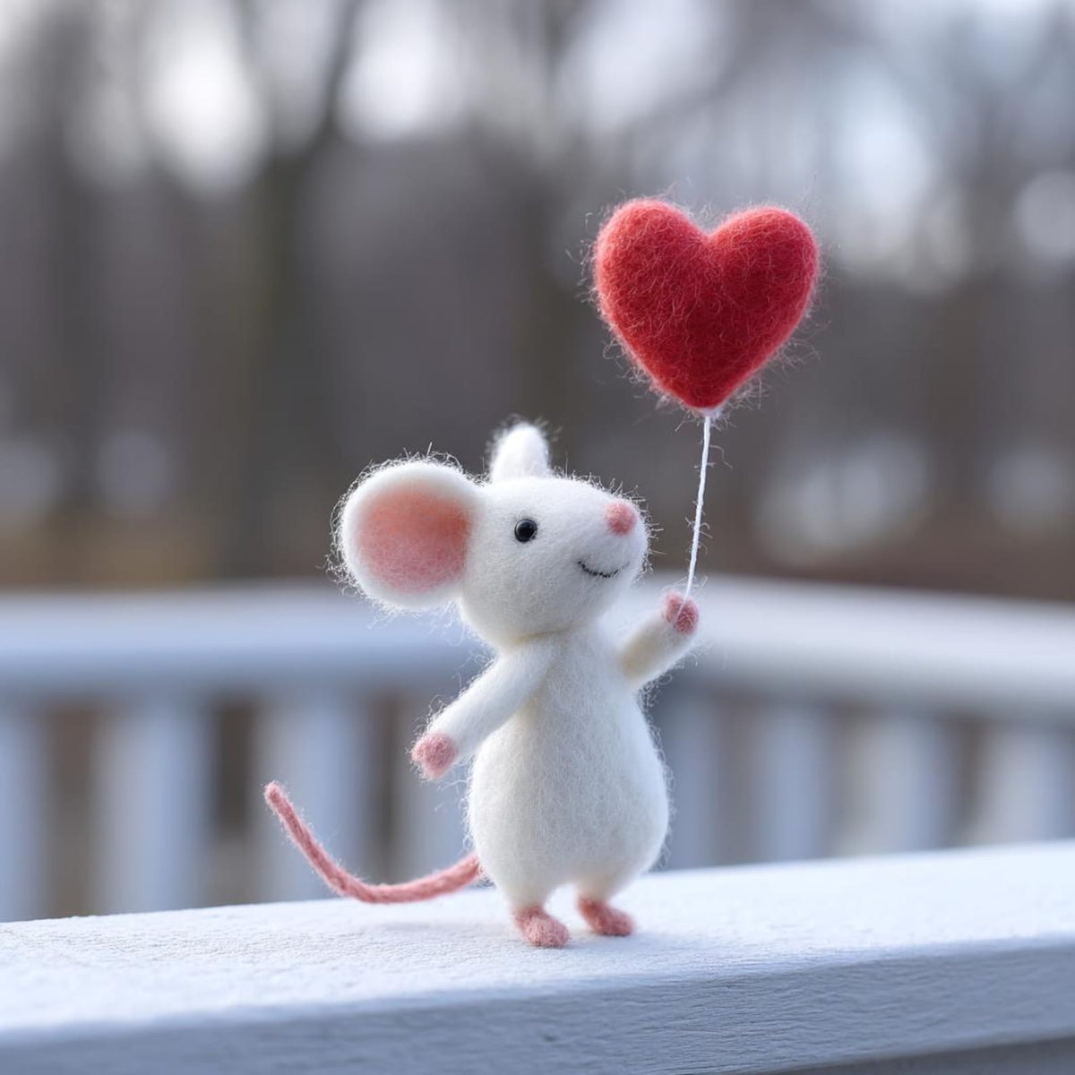 Needle Felted Mouse | Valentine's Day Gift – Red Balloon (white)