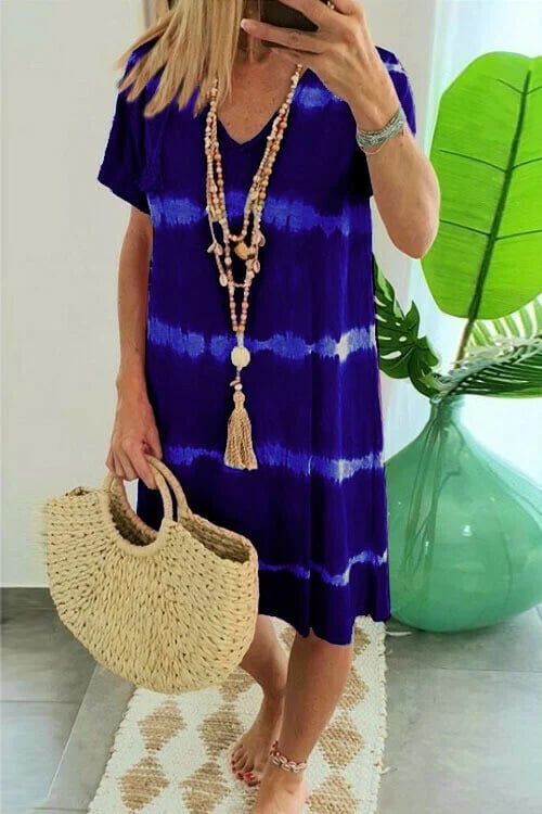 ChillAura | Tie-Dye Striped Loose Summer Dress – Royal Blue / S