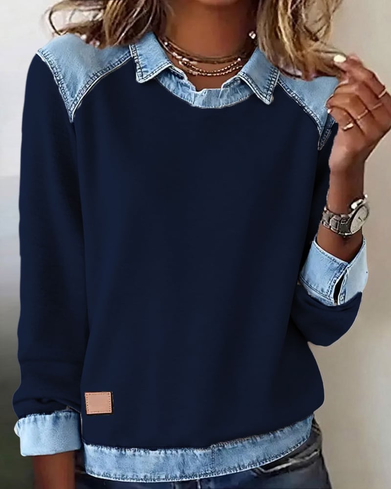 BelleVibe – Women’s Fashion Lapel Blouse – Navy Blue / 3XL