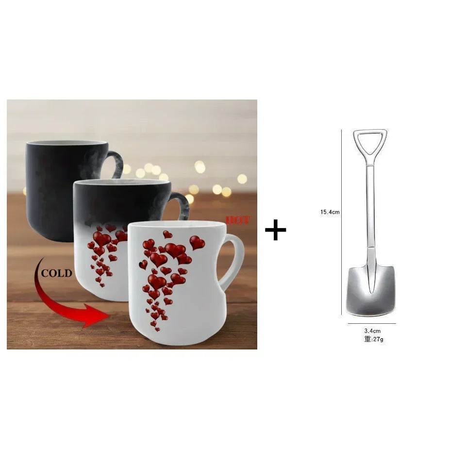 !!! Color-Changing Ceramic Mug with Heart-Shaped Handle for Valentine's Day – Black Mug + Creative spoon / Buy 1
