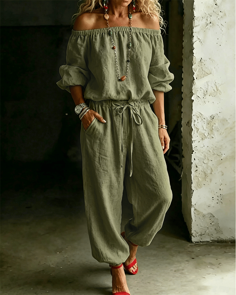 LuxeSilhouette – Off-Shoulder Tie Waist Jumpsuit – Green / S