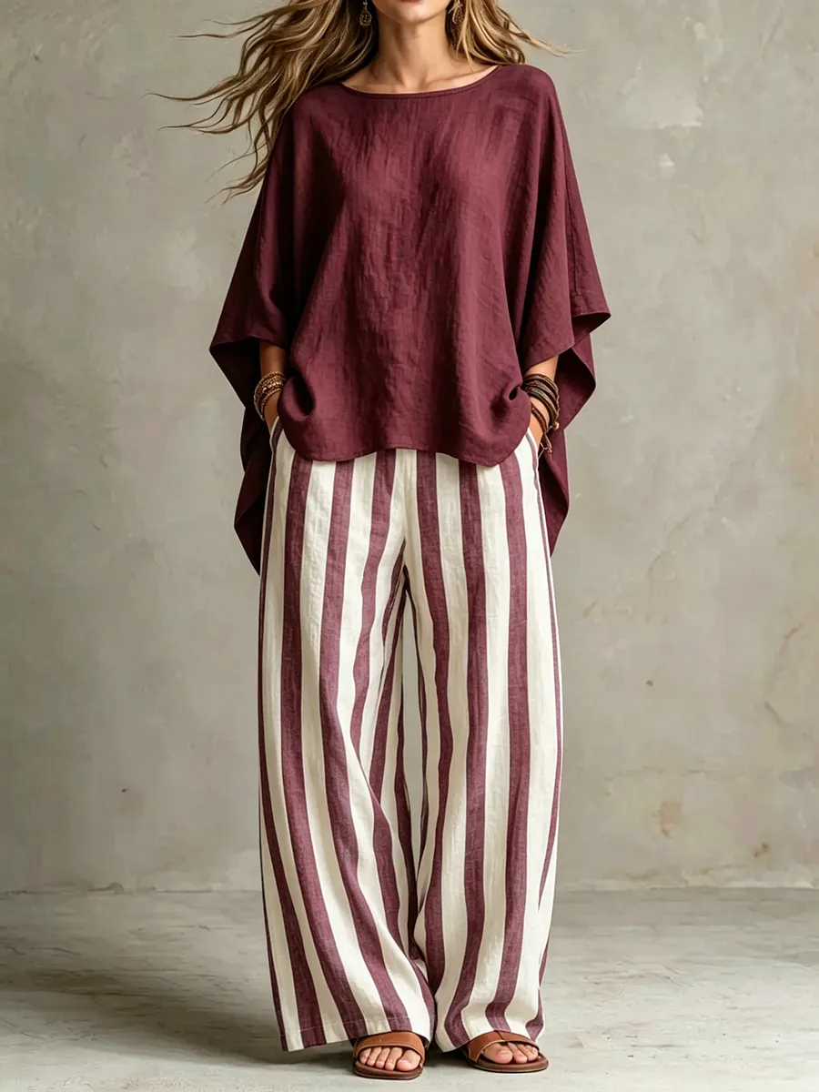 LinenLuxe – Women’s Striped Linen Set with Wide-Leg Trousers – Red / M