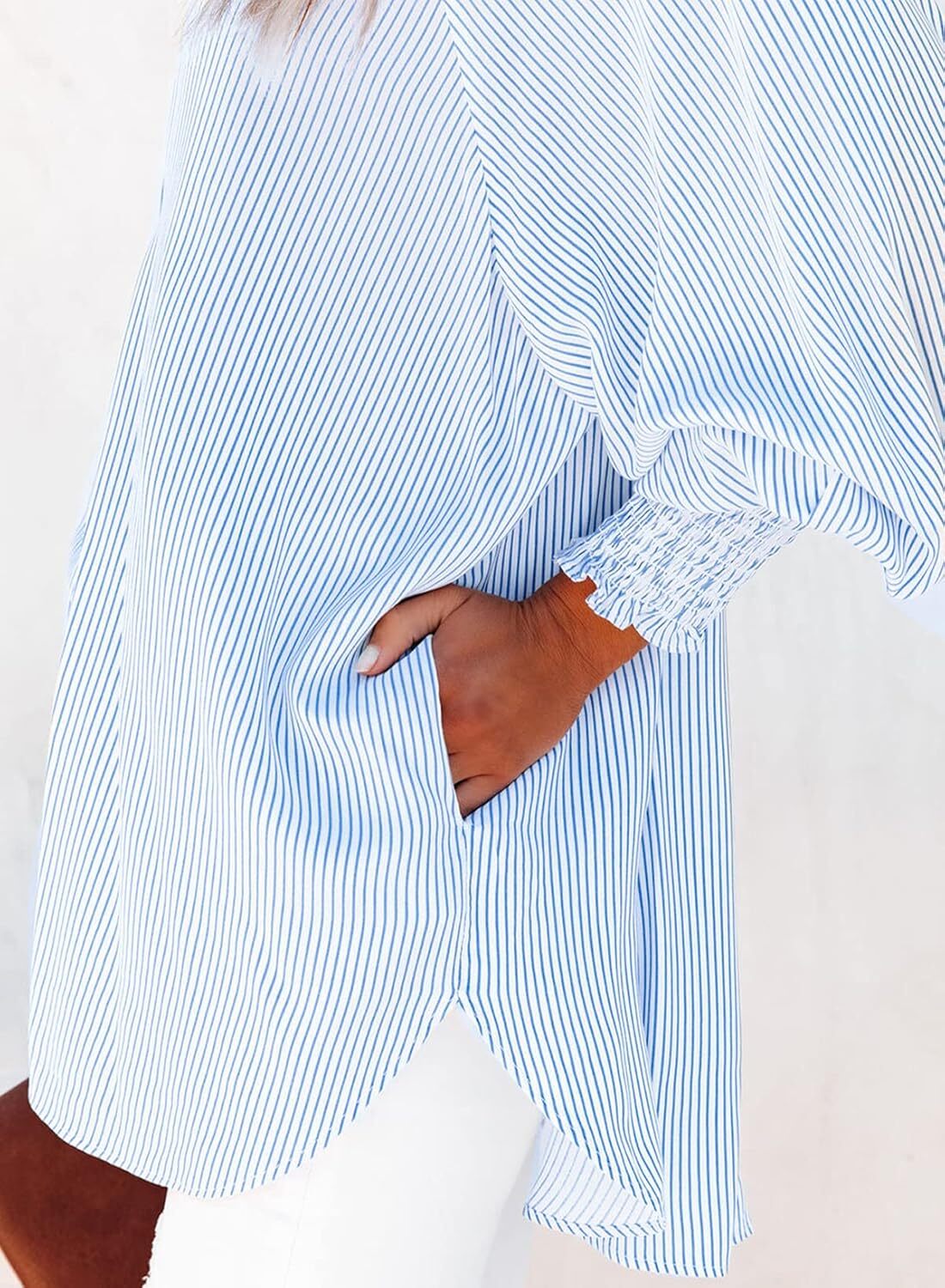 2026 ItemWomen's pleated cuffs striped shirt with pockets and casual collar – image 11