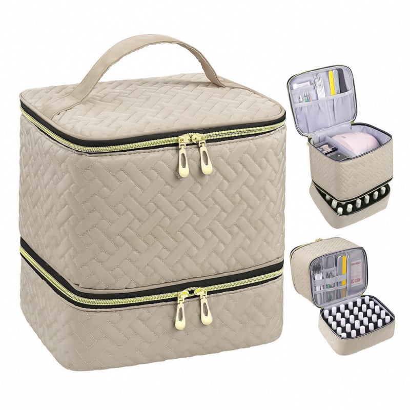 PolishPro – Deluxe Double‑Layer Nail Organizer Case – Bamboo Pattern - Khaki