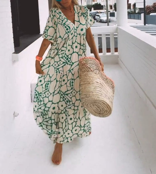 FloraLuxe – Short Sleeved Printed Summer Dress – Green / S