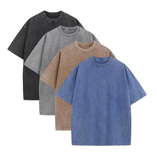 Oversoul – Relaxed Fit Acid Wash Tees – Black+Grey+Coffee+Blue（4 Pieces，Each Piece Only $14.95） / S（88.0 lbs ~110.0 lbs ）