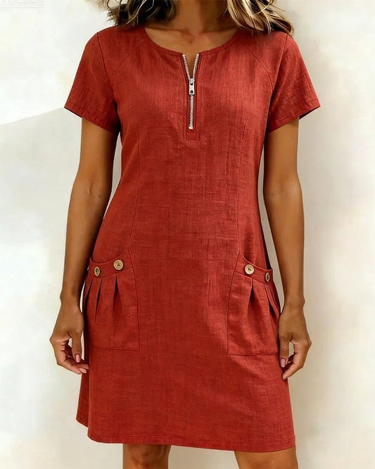 UrbanBreeze Zip – Everyday Cotton-Line Dress – Red / US4 (S)