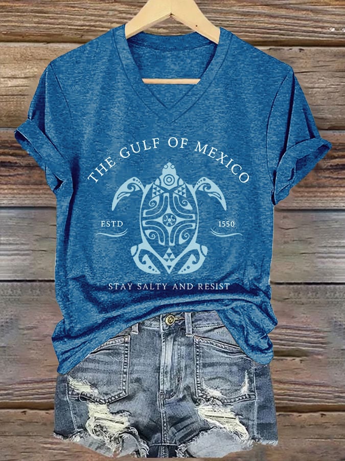 CoastMuse – Gulf Print V-Neck Women’s T-Shirt – Blue / S