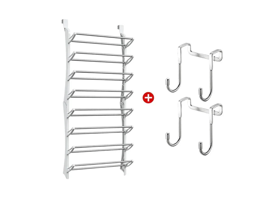 HomeStack – Vertical Space Saving Shoe Storage Rack – White (New) + Door hooks*2 / 8-Tier