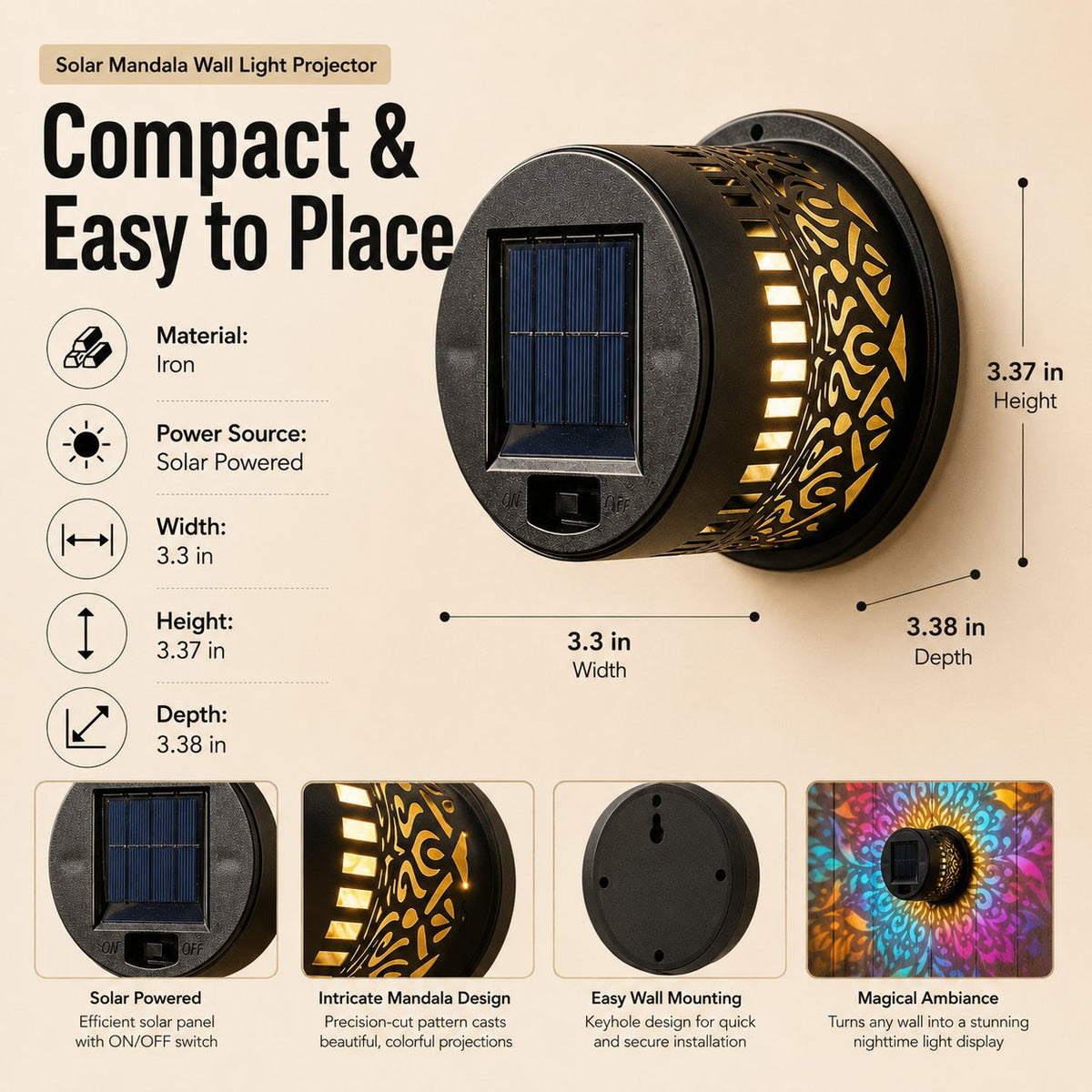 MandalaGlow - Solar Mandala Wall Light Outdoor Fence Projector Lamp – image 8