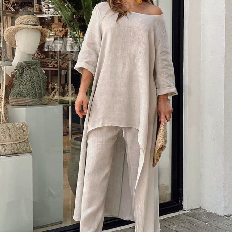 LunaFit – Women's Solid Color Linen Casual Suit – Khaki / S
