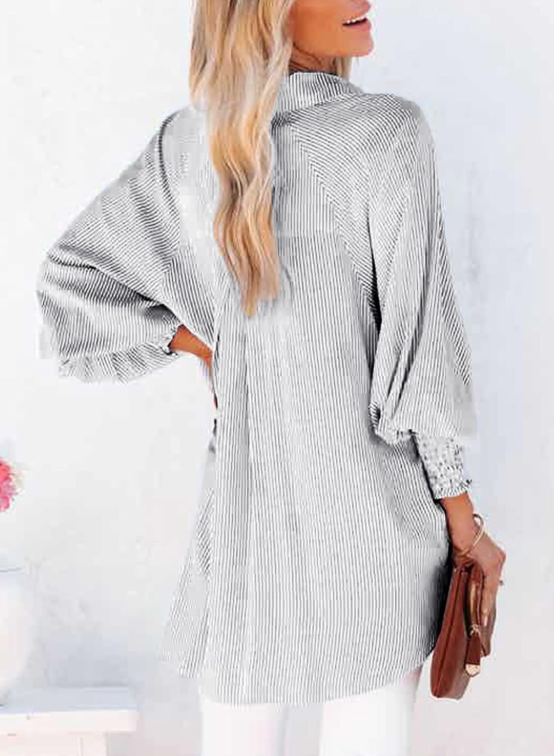 2026 ItemWomen's pleated cuffs striped shirt with pockets and casual collar – image 23
