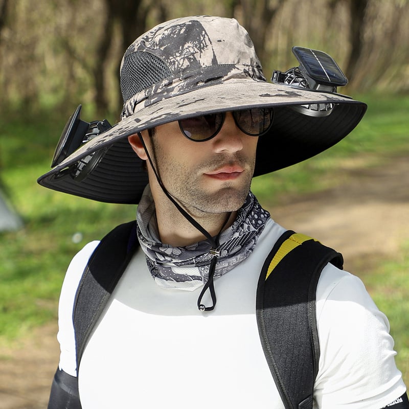 ChillCap Pro – Solar Fan Hat – Khaki Pattern / Double fan / Unisex Adjustable 22"-25"