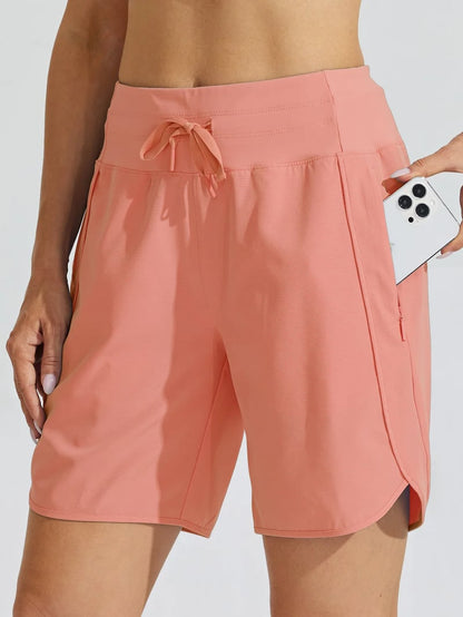 AthletiQ – Women’s Active High Rise Running Shorts – Coral / XS