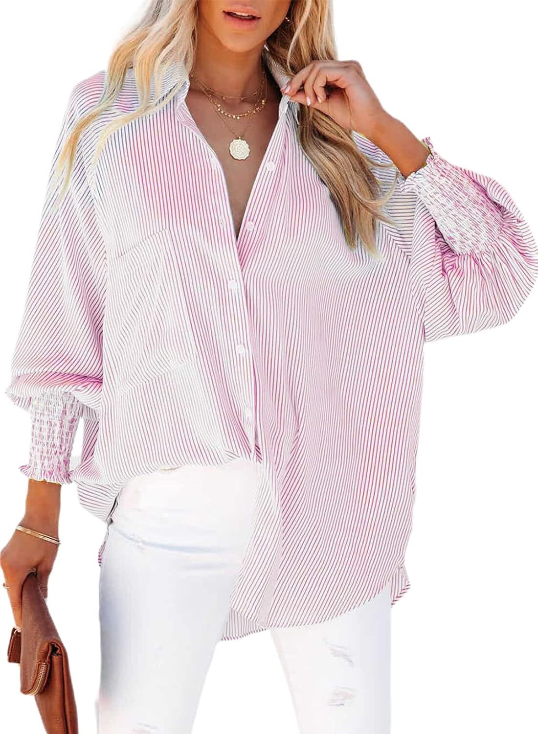 2026 ItemWomen's pleated cuffs striped shirt with pockets and casual collar – image 2