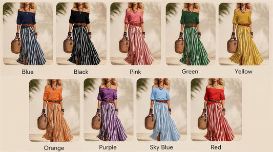 StripeLuxe – Striped Maxi Skirt Set with Belt – Blue / S / Buy 1