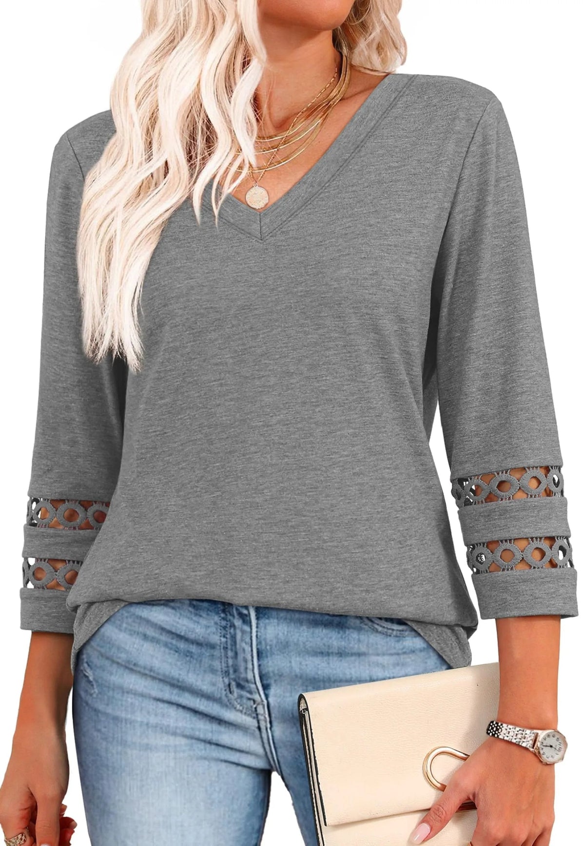ClairaMode | Relaxed Fit V-Neck Sleeve Women Tee – Gray / S