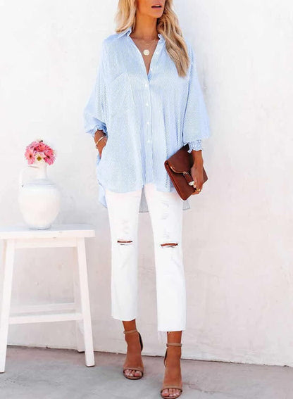 2026 ItemWomen's pleated cuffs striped shirt with pockets and casual collar – image 10