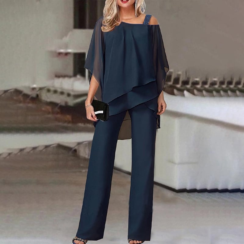 PureLuxe – Women’s Layered Chiffon Outfit Set – Navy Blue / S
