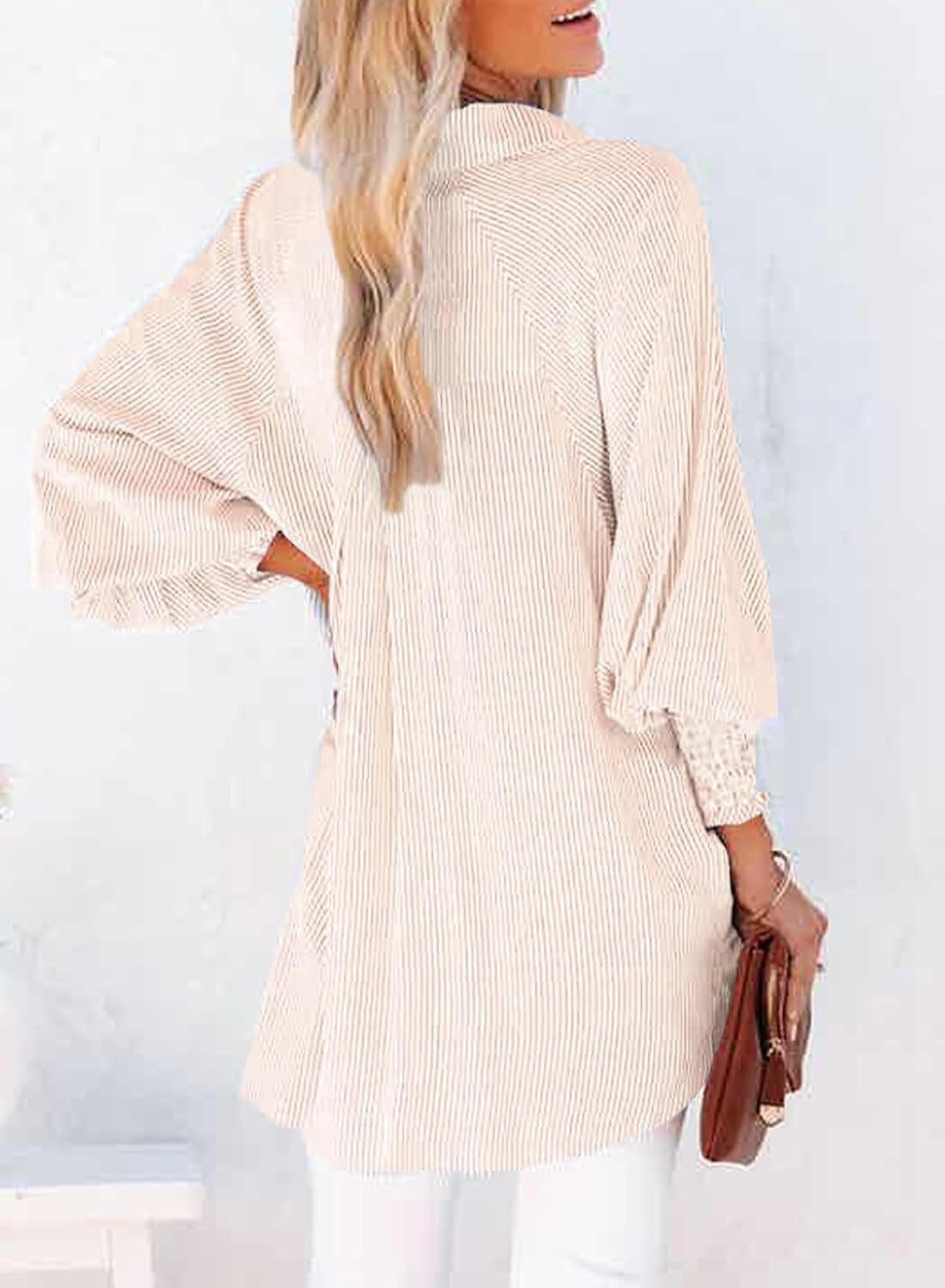 2026 ItemWomen's pleated cuffs striped shirt with pockets and casual collar – image 29