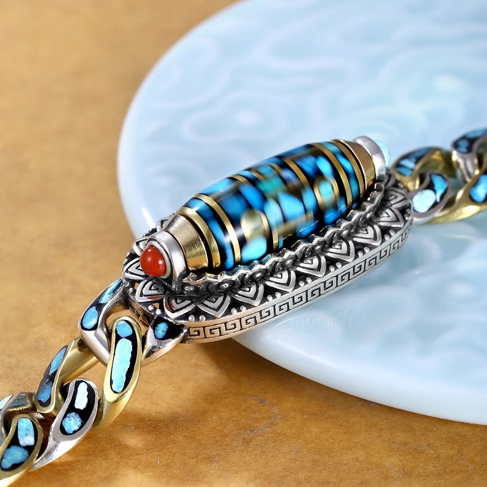ZenAura – Turquoise Mantra Dzi Bead Bracelet – 20cm (7.9 inch)