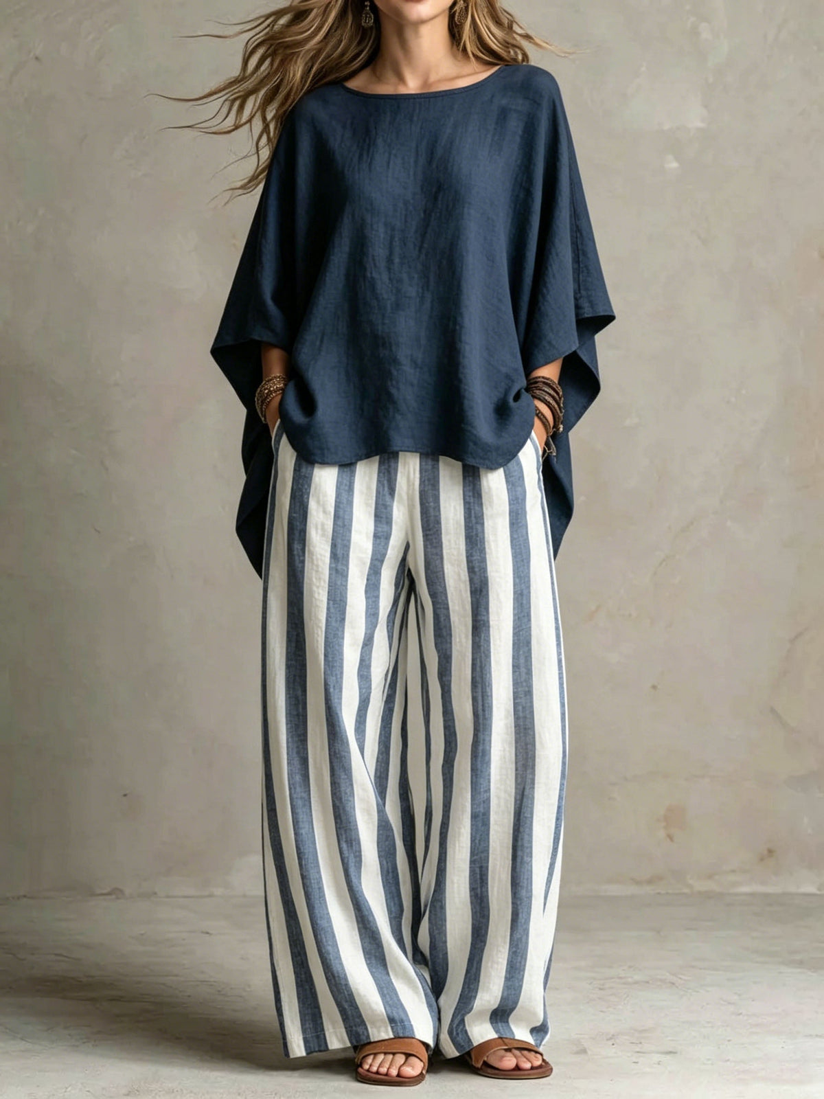 LinenLuxe – Women’s Striped Linen Set with Wide-Leg Trousers – Dark Blue / M