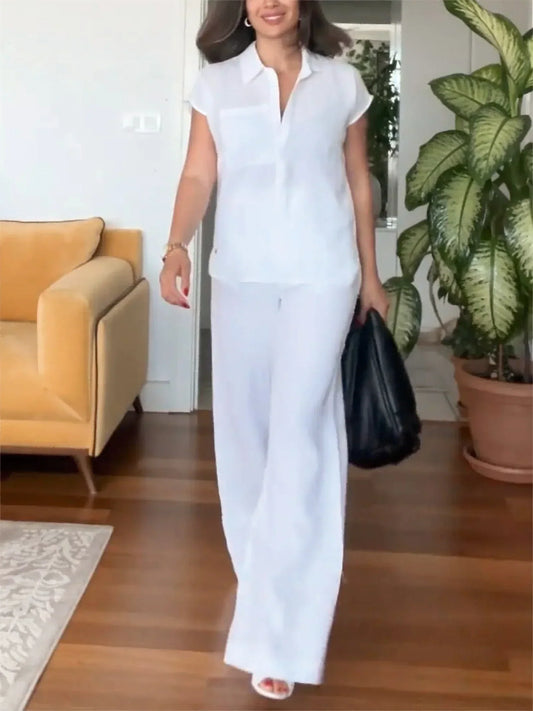BreezeEase – Relaxed Wide Leg Lounge Set – White / S