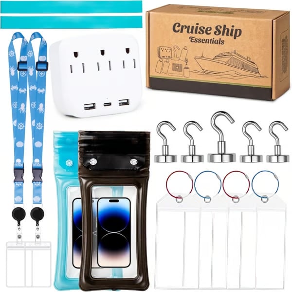 WavePack – All-in-One Cruise Kit – Home Edition(A power strip without surge protection+2 Lanyard with ID Holder+5 Magnetic Hooks+4 Luggage Tag Set+2 Towel Bands+2 Waterproof Phone Holder)