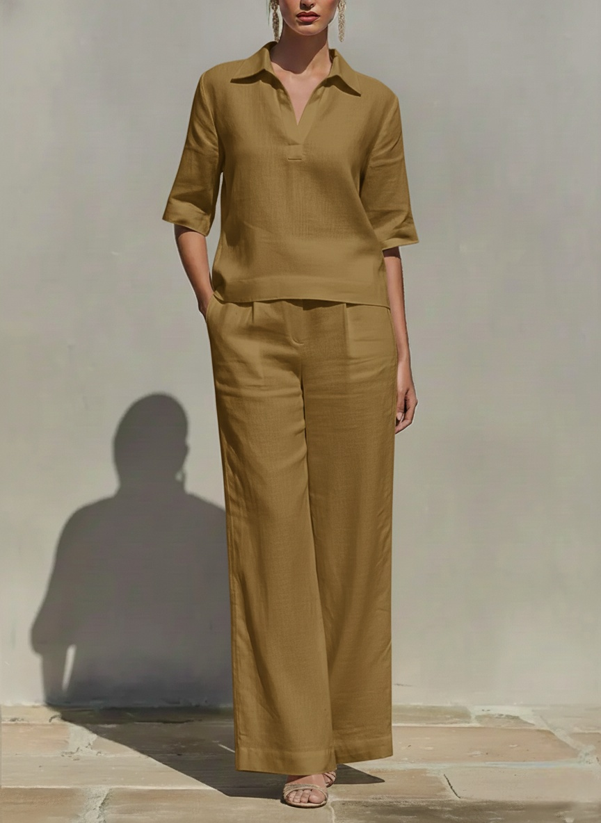 LinenLuxe – Women’s Solid Cotton Linen Two-Piece Set – Khaki / XS
