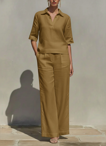LinenLuxe – Women’s Solid Cotton Linen Two-Piece Set – Khaki / XS