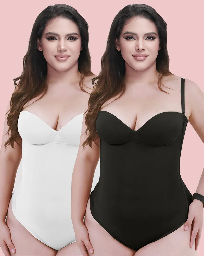CurveLuxe – Back Lace-Up Seamless Thong Bodysuit – 1Black+1White / XS