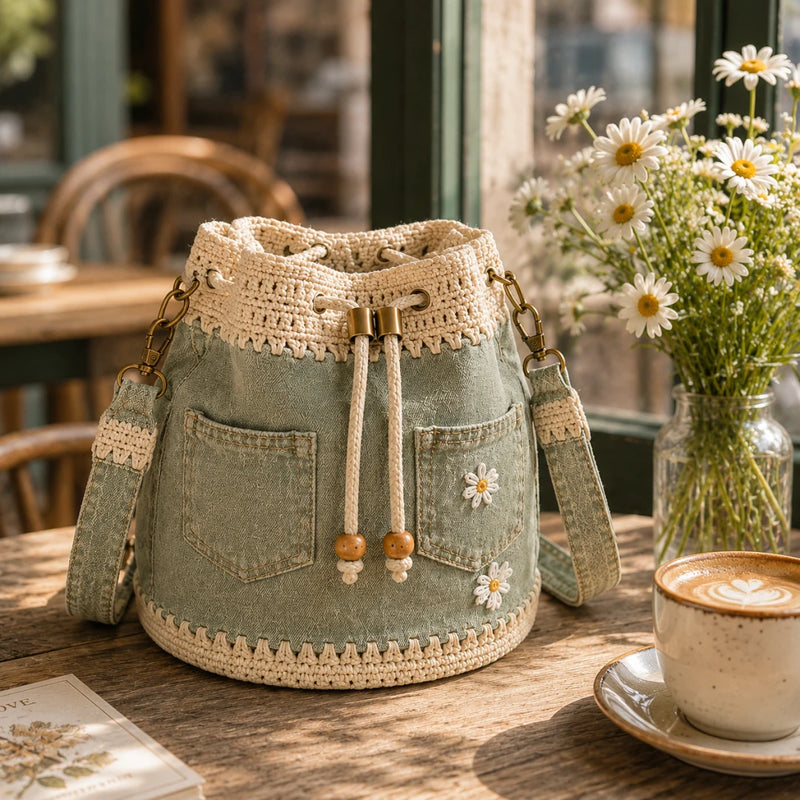 DaisyDenim – Crochet Bucket Bag – Sage Green
