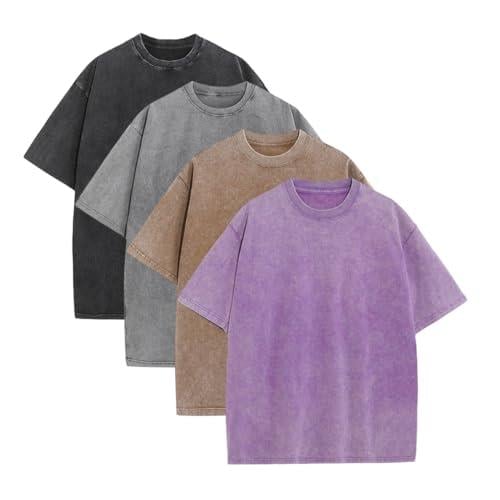 Oversoul – Relaxed Fit Acid Wash Tees – Black+Grey+Coffee+Purple（4 Pieces，Each Piece Only $14.95） / S（88.0 lbs ~110.0 lbs ）