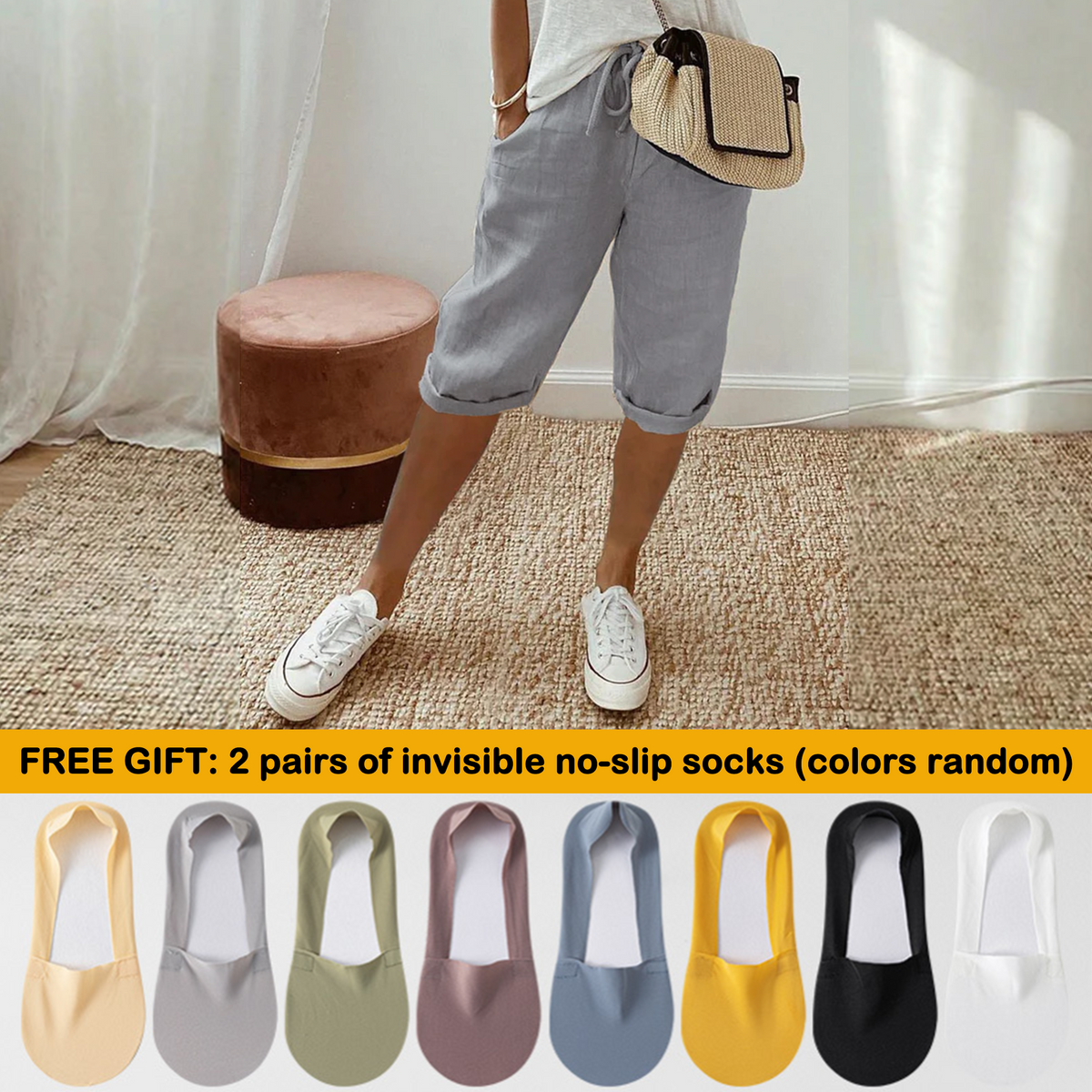 Florel – Breathable Drawstring Capris – Light gray / M / 2 Pairs of summer invisible no-slip socks (colors random)