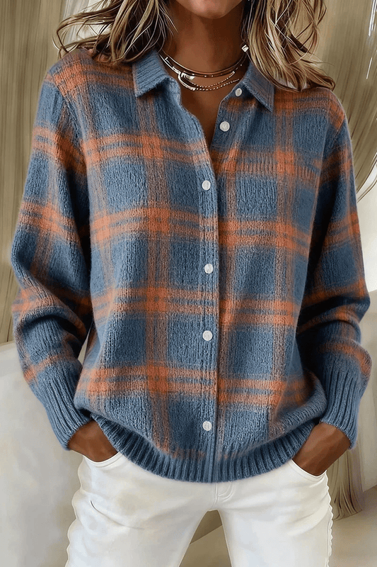 ChicWeave – Plaid Collar Cardigan – Blue & Orange / XS（US 2)