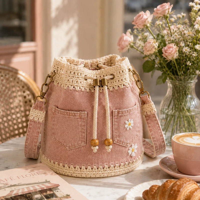 DaisyDenim – Crochet Bucket Bag – Dusty Pink