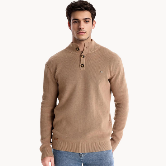 Ashton Button Mockneck Sweater – Khaki / S