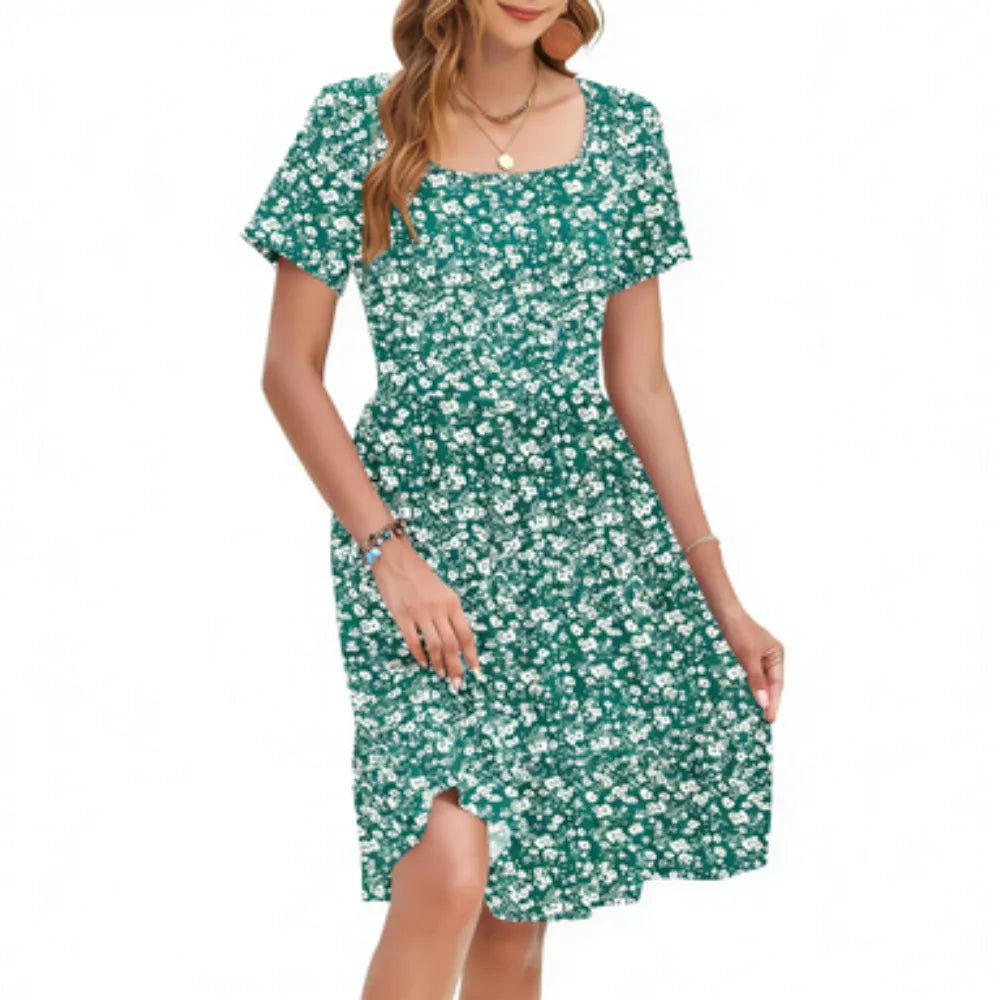 LunaFlora – Elegant Floral Sundress for Women – Green 1 / XS