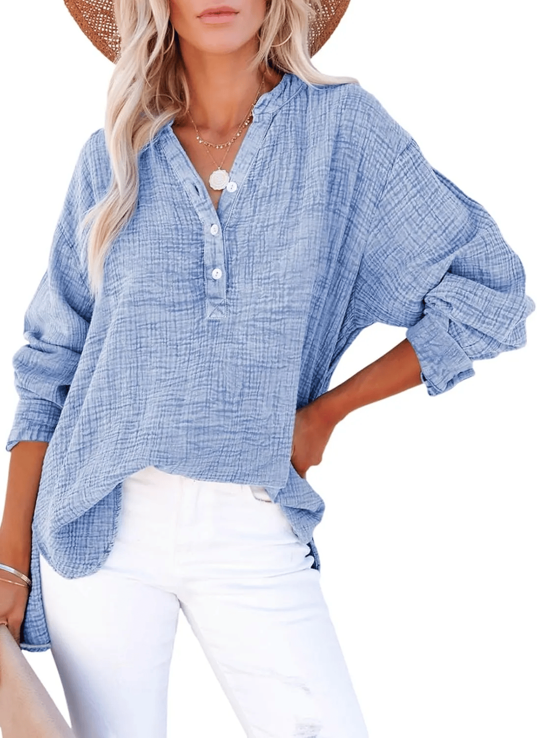 CloudFit – Women’s Casual Oversized Gauze Blouse – Blue / S
