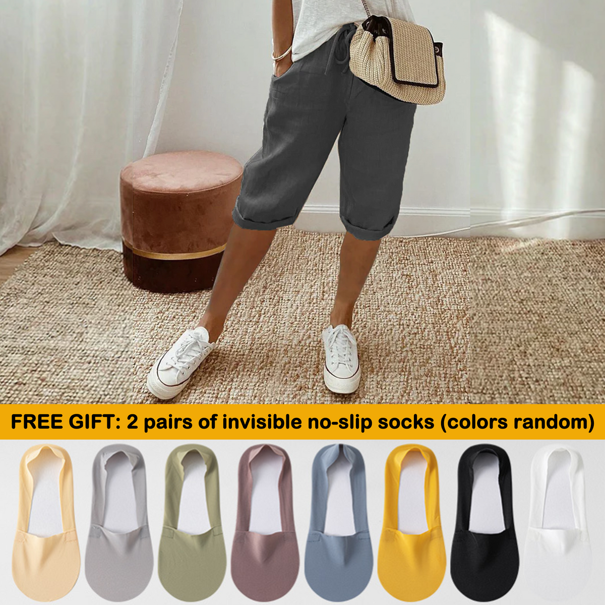 Florel – Breathable Drawstring Capris – Dark gray / M / 2 Pairs of summer invisible no-slip socks (colors random)