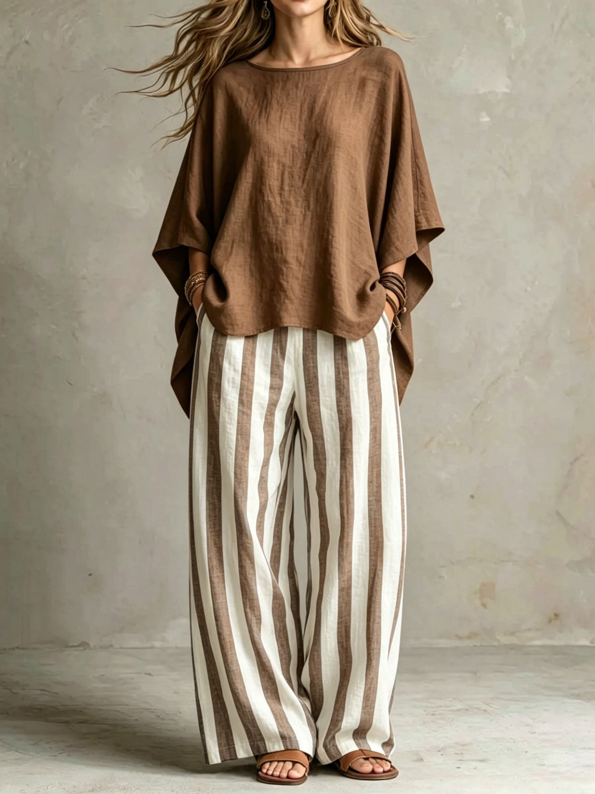 LinenLuxe – Women’s Striped Linen Set with Wide-Leg Trousers – Brown / M