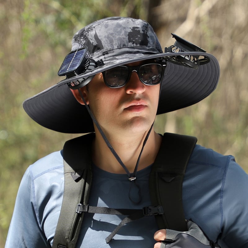ChillCap Pro – Solar Fan Hat – Dark Gray Pattern / Double fan / Unisex Adjustable 22"-25"