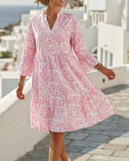 BloomLayer – Floral Tiered V-Neck Dress – Pink / US4(S)