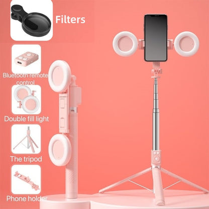 BrightCapture – Selfie Stick & Tripod Combo – Pink / Double Fill Lights+Filter