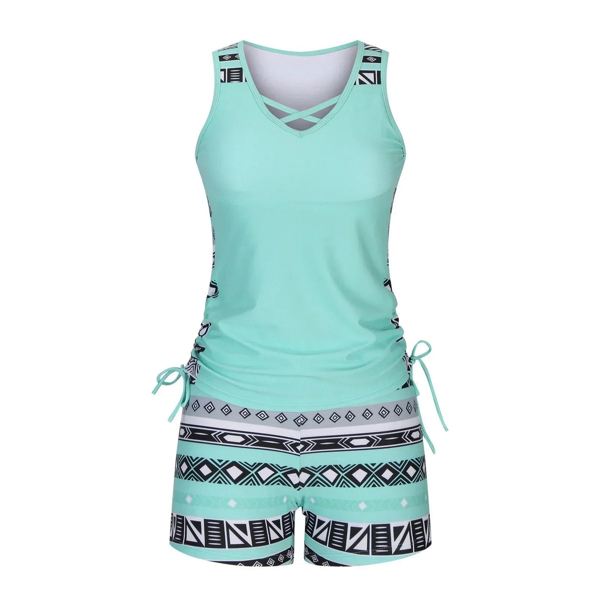 BeachBloom – Modest Bohemian Tankini Swimsuit with Shorts – Light green / S