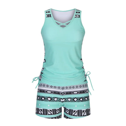 BeachBloom – Modest Bohemian Tankini Swimsuit with Shorts – Light green / S