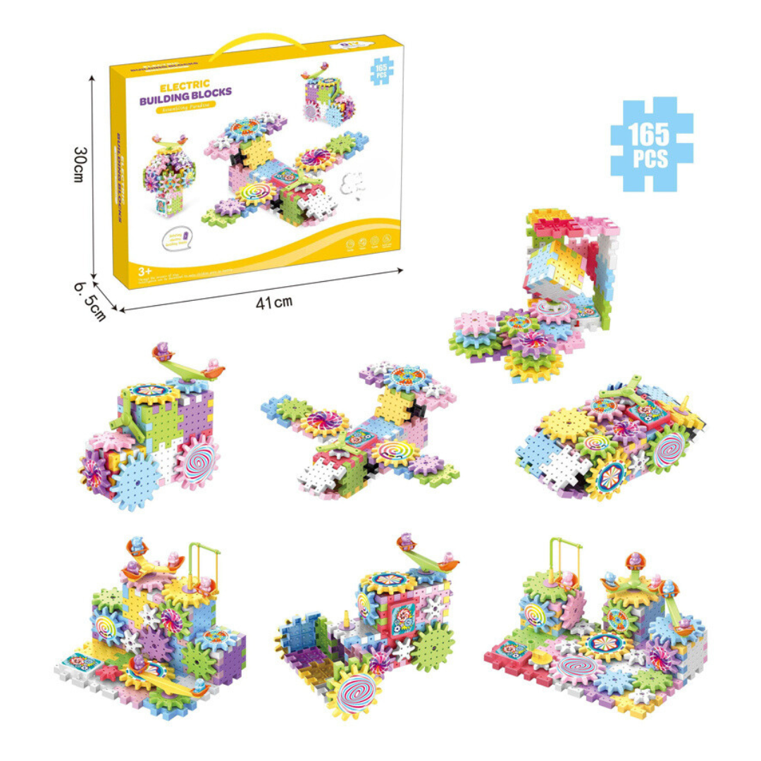BrainBoost Builders – Montessori Gear Blocks – 165pcs Building Blocks + 2 Electric Mainboards
